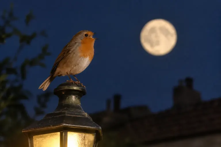 Ein singender Vogel auf der Spitze einer Dachantenne, seitlich von einer Straßenlaterne angeleuchtet, vor dem Nachthimmel (KI-Illustration)