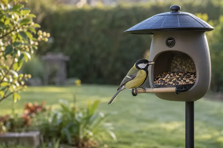Une mangeoire connectée avec caméra intégrée et toit solaire dans un jardin, une mésange posée sur le perchoir (illustration IA)