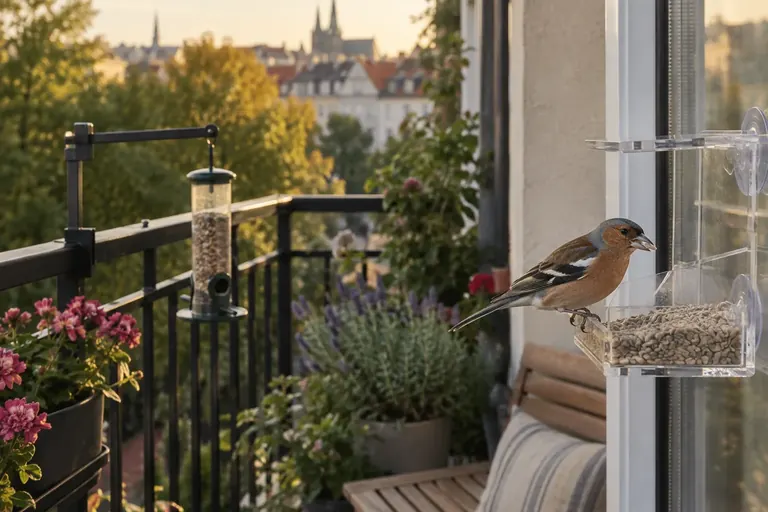 Kleines transparentes Fensterfutterhaus an der Balkontür einer Stadtwohnung, darin frisst eine Kohlmeise, Topfpflanzen am Geländer (KI-Illustration)