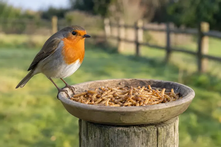 Roodborst zit op de rand van een klein schaaltje met gedroogde meelwormen (AI-illustratie)