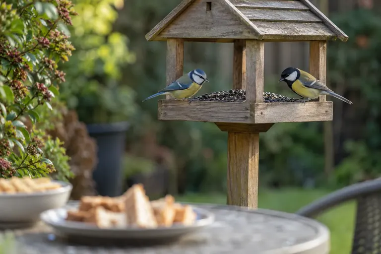 Eine Futterplattform mit sauberem Körnerfutter, daneben auf einem Gartentisch Brotreste und Salzgebäck, die beiseitegestellt sind (KI-Illustration)