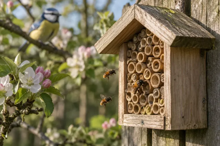 Een klein houten bijenhotel met papieren nestbuisjes aan een zonnige tuinschutting naast voorjaarsbloemen (AI-illustratie)