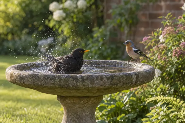Eine Amsel badet in einer flachen Vogeltränke auf einem Standfuß in einem sonnigen Garten mit Sträuchern im Hintergrund (KI-Illustration)