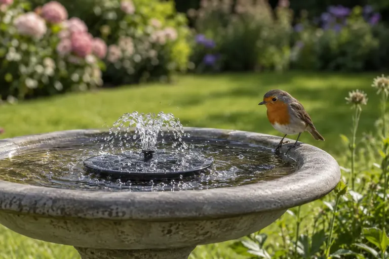 Ein kleiner Solar-Springbrunnen sprüht einen flachen Wasserbogen in einer Vogeltränke auf einem Standfuß, während ein Rotkehlchen auf dem Rand sitzt (KI-Illustration)