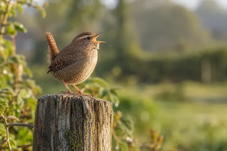 Un petit oiseau brun chantant bec grand ouvert sur un poteau de clôture en bois dans un jardin verdoyant (illustration IA)