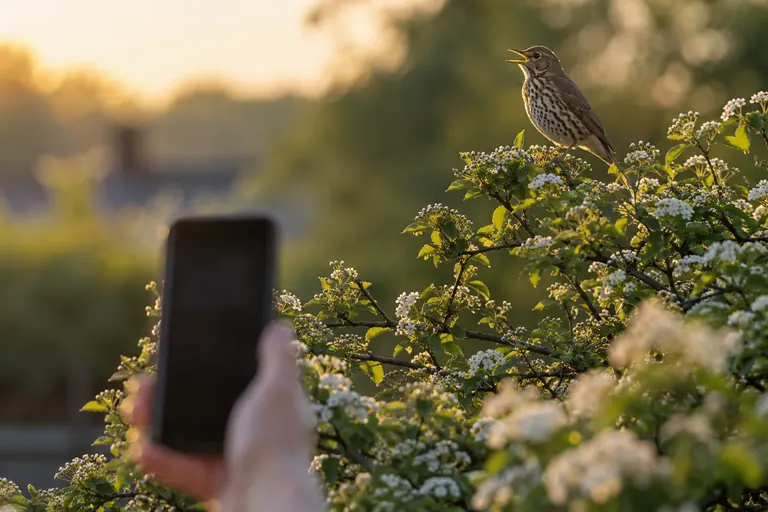 Un oiseau chanteur perché au sommet d'un arbuste au lever du soleil, un téléphone qui enregistre flou au premier plan (illustration IA)