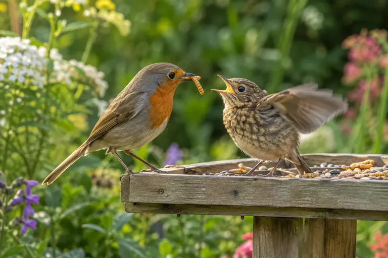 Une mésange charbonnière adulte qui nourrit un jeune ébouriffé, ailes frémissantes, sur une mangeoire plateau dans un jardin d'été (illustration IA)