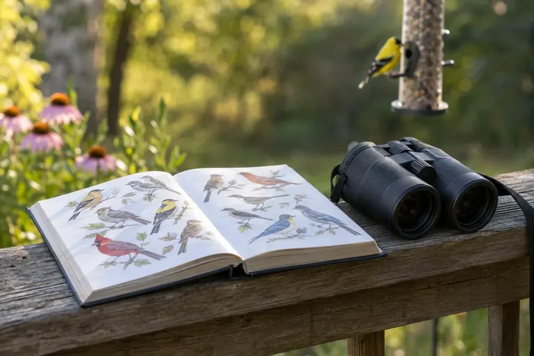 An open illustrated bird field guide on a wooden porch railing beside a pair of binoculars, with a feeder in soft focus behind (AI illustration)