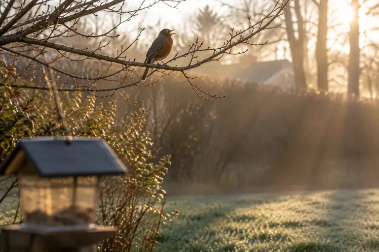 Early morning sun rising behind a hedgerow where a singing American Robin perches on a branch (AI illustration)