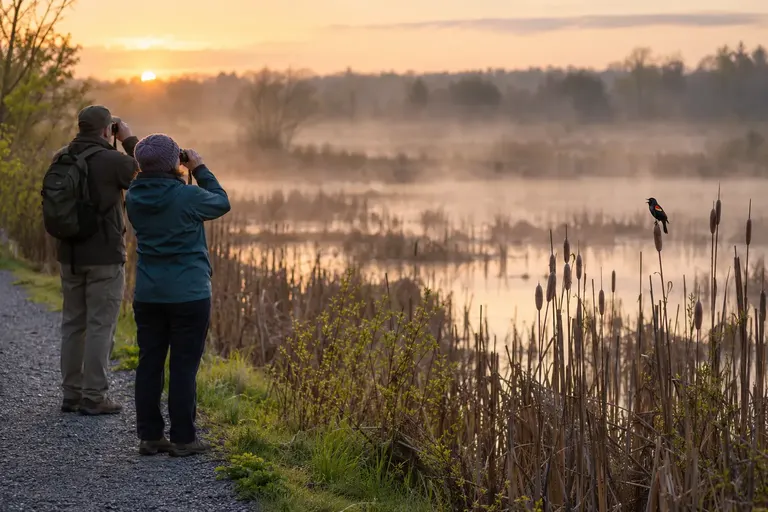 Two birders standing quietly on a gravel trail at a respectful distance, binoculars raised toward a songbird on a distant branch (AI illustration)