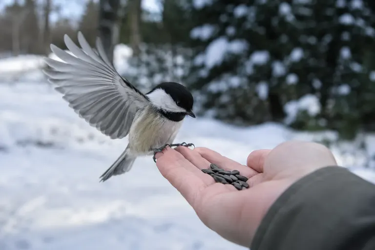 A Black-capped Chickadee perched on an outstretched open hand holding sunflower seeds in a snowy backyard (AI illustration)
