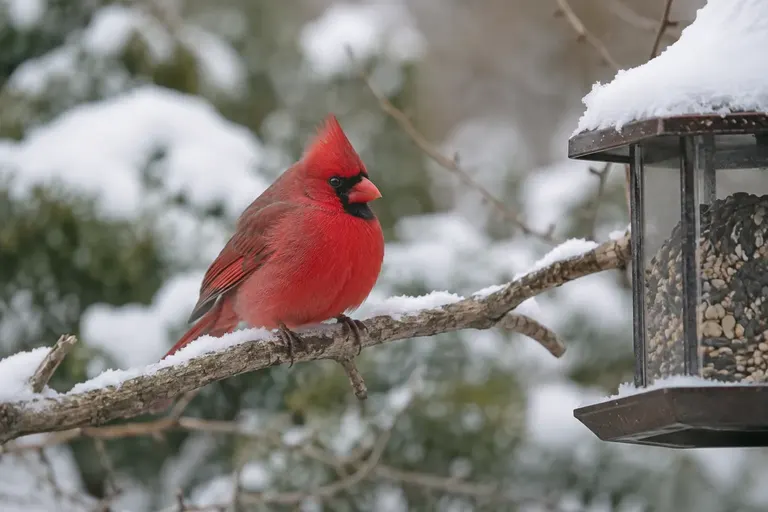 A Northern Cardinal perched on a snowy branch beside a backyard feeder in winter (AI illustration)