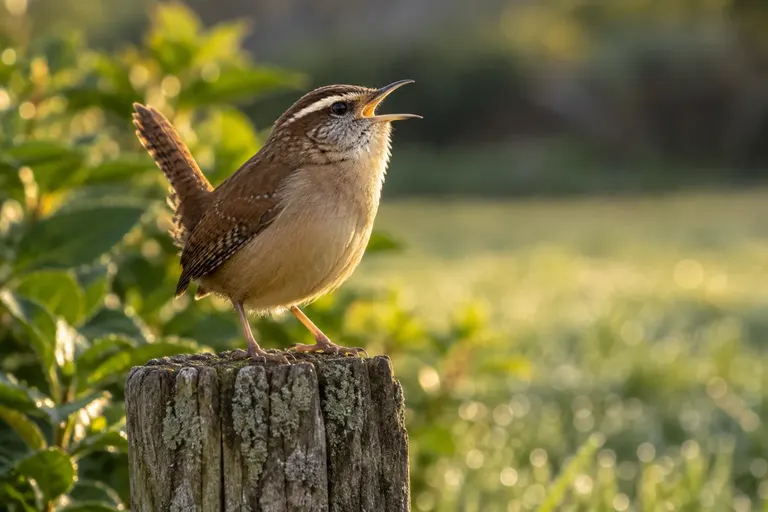 A Carolina Wren singing with its bill wide open from a wooden fence post in a leafy backyard (AI illustration)