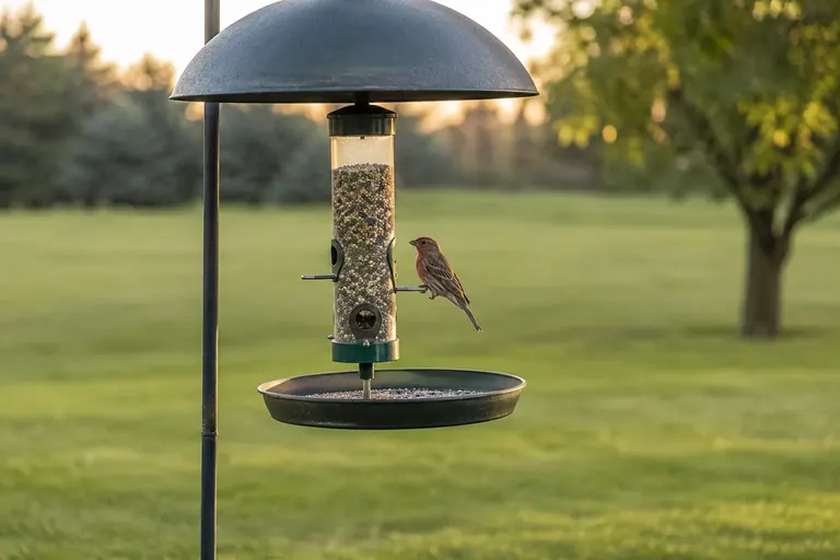 A tidy bird feeding station on a pole with a large baffle and a seed-catching tray above clean, bare ground (AI illustration)