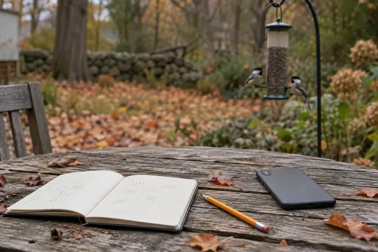 A notebook with a handwritten bird tally and a pencil on a garden table, with chickadees at a feeder in the background (AI illustration)