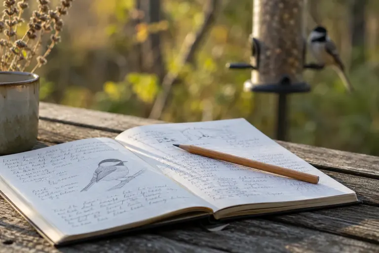 An open notebook with handwritten bird notes and a small pencil sketch resting on a wooden garden table beside a feeder (AI illustration)
