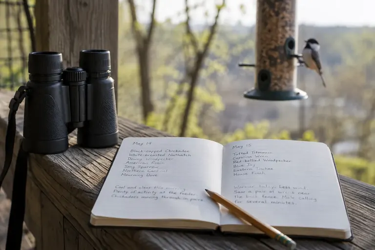 An open birding notebook with handwritten species names and dates, a pencil and a pair of binoculars on a wooden porch rail (AI illustration)