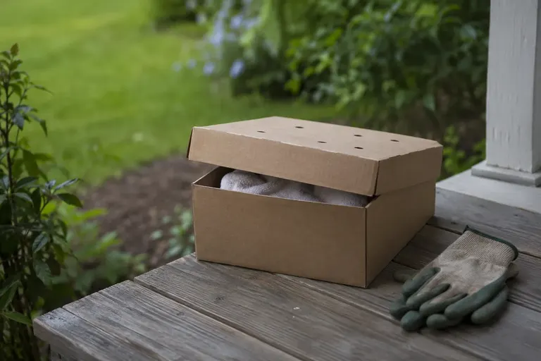 A small cardboard box with air holes and a folded soft towel inside, resting on a porch step beside a pair of garden gloves (AI illustration)