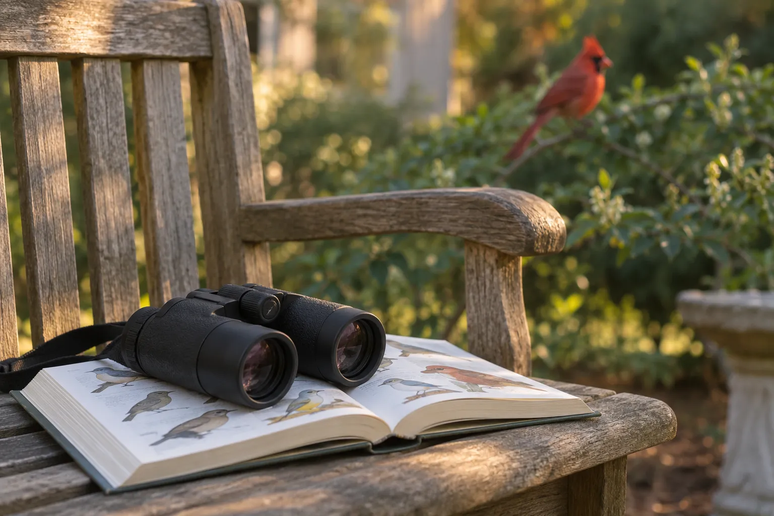 Binoculars and an open field guide on a garden bench with a Northern Cardinal perched on a nearby shrub (AI illustration)