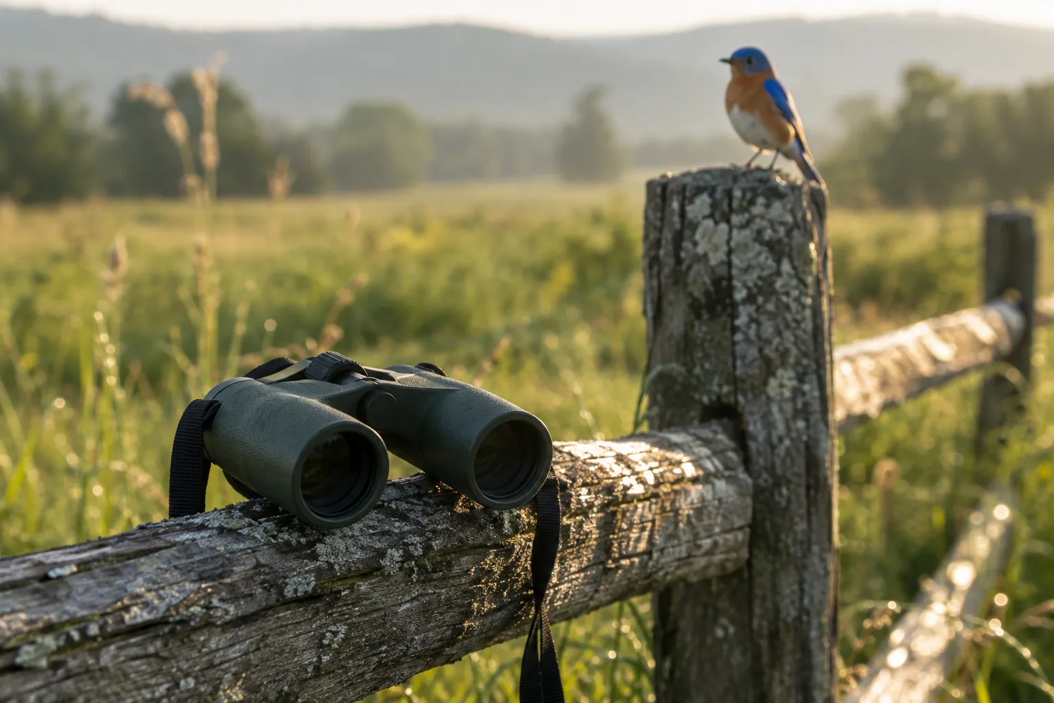 Pair of dark green 8x42 binoculars resting on a weathered wooden fence rail with a songbird perched in soft focus behind (AI illustration)
