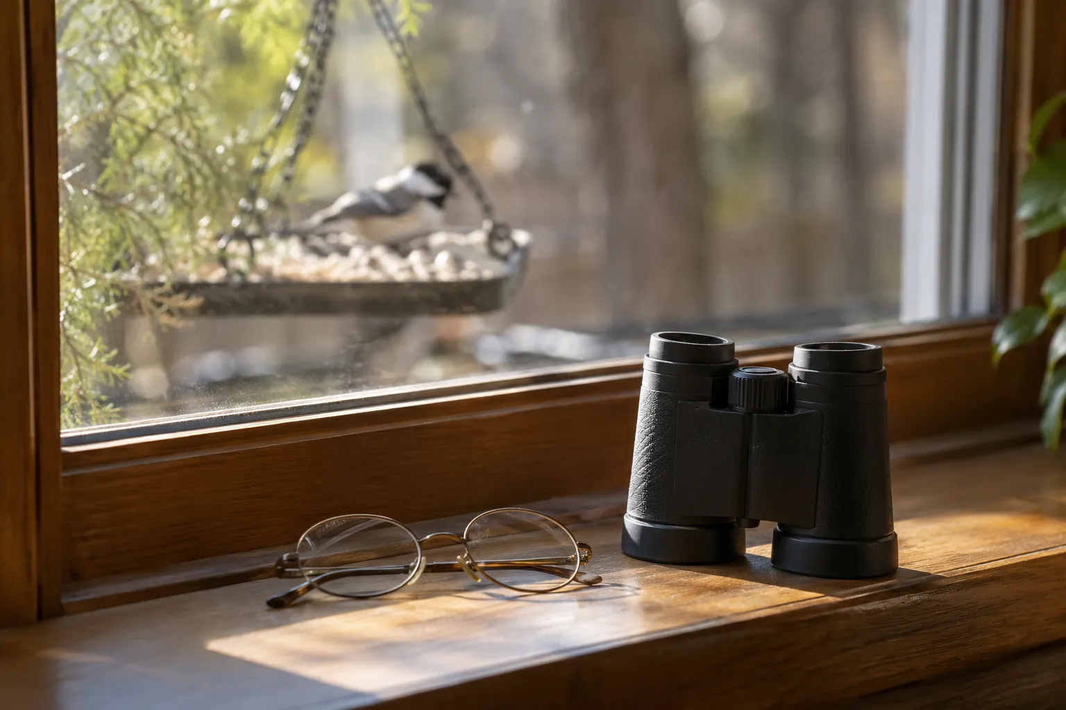 Pair of eyeglasses folded beside binoculars with twisted-down eyecups on a sunny windowsill overlooking a bird feeder (AI illustration)