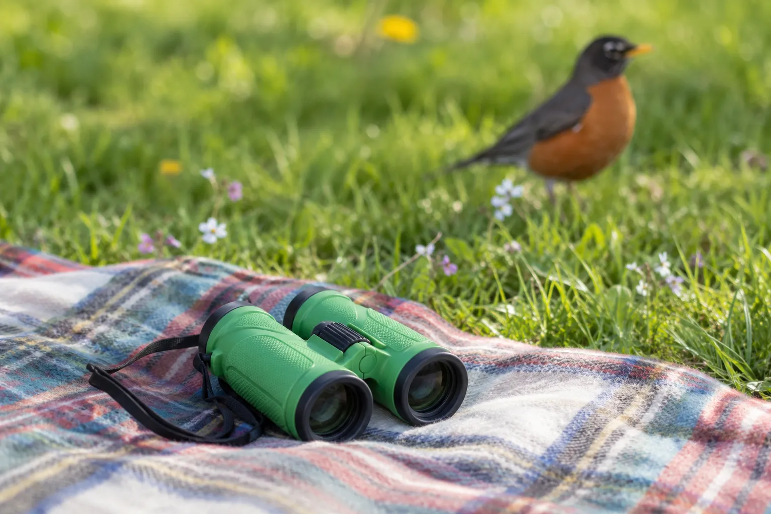 Child-sized binoculars on a picnic blanket in a backyard with an American Robin on the lawn behind (AI illustration)