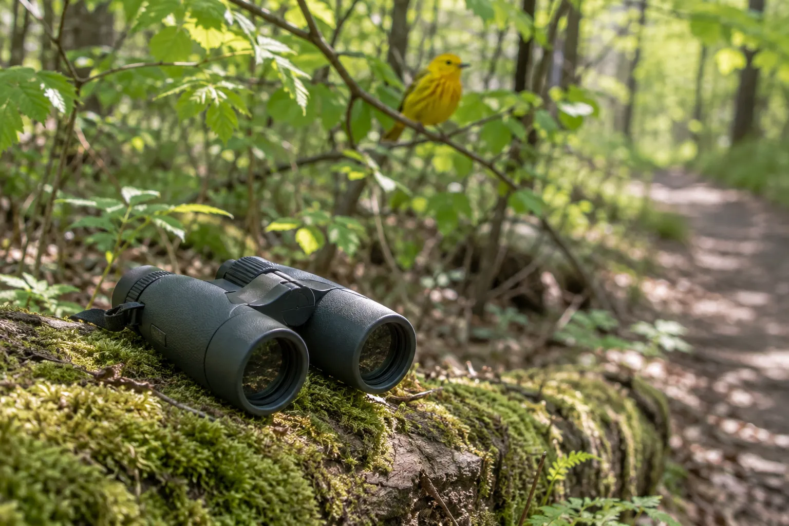 Gray-green binoculars on a mossy log at the edge of a woodland trail with a warbler blurred in the branches above (AI illustration)