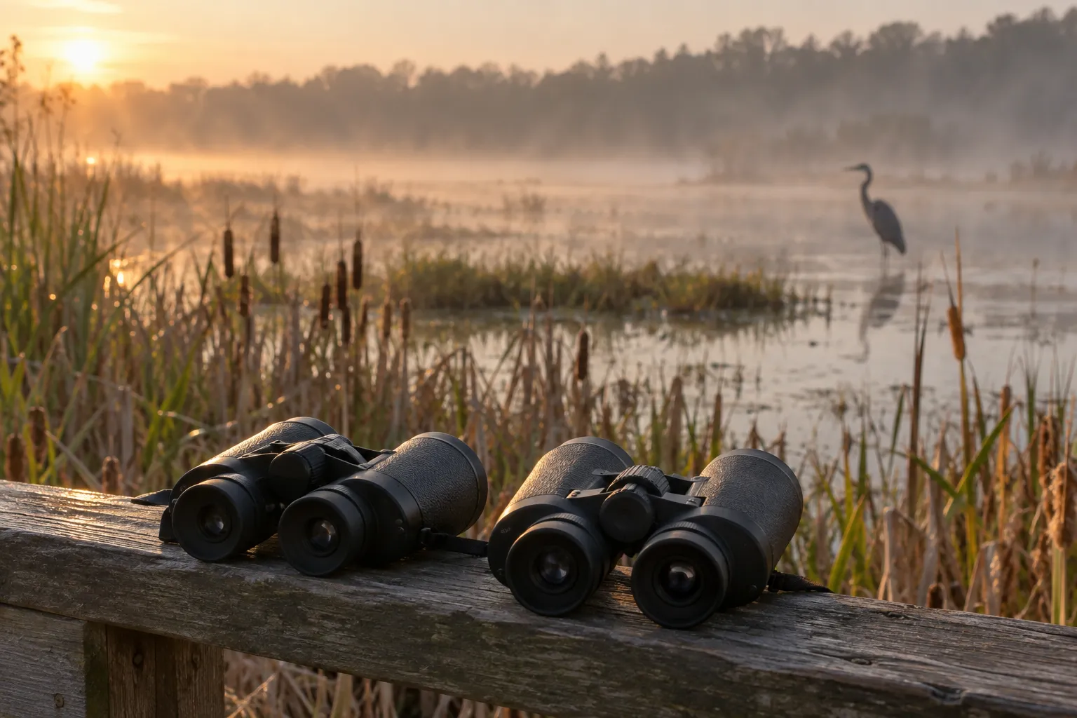 Two pairs of full-size binoculars resting side by side on a wooden fence rail at a marsh edge (AI illustration)