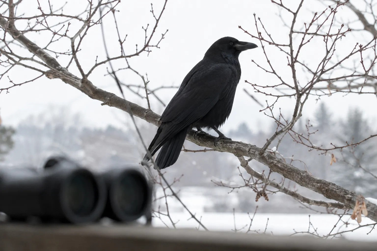 Dark bird silhouetted on a bare branch against a bright winter sky, the kind of view where binocular color fringing shows (AI illustration)