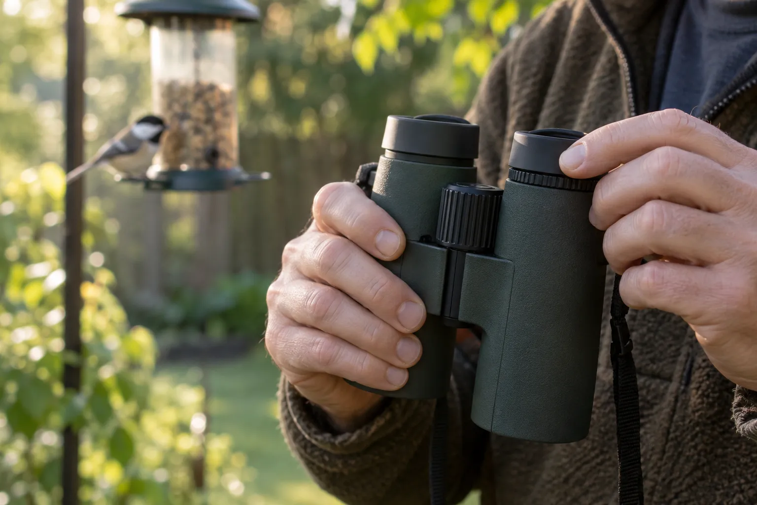 Close view of hands turning the right eyepiece ring on a pair of roof prism binoculars outdoors (AI illustration)