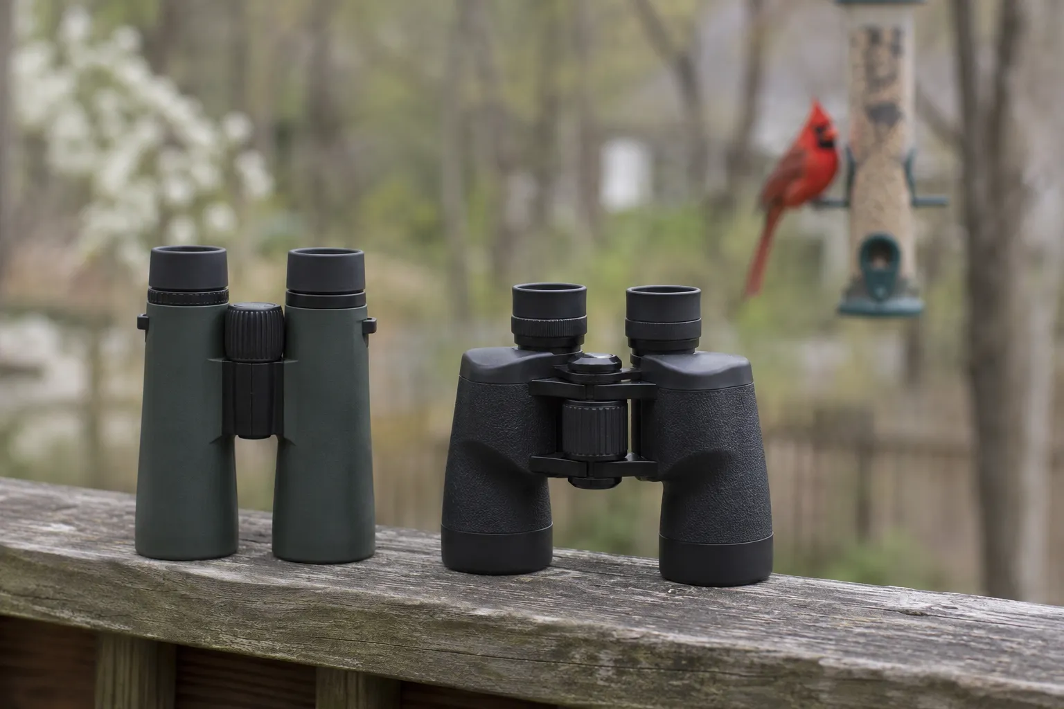 A straight-barrel roof prism binocular and an offset-barrel porro prism binocular side by side on a weathered wooden deck rail (AI illustration)
