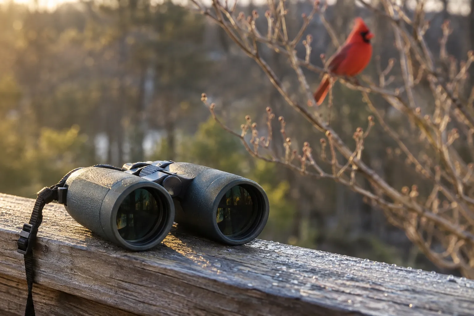 Black roof prism binoculars resting on a weathered wooden fence rail with a songbird perched in soft focus behind (AI illustration)
