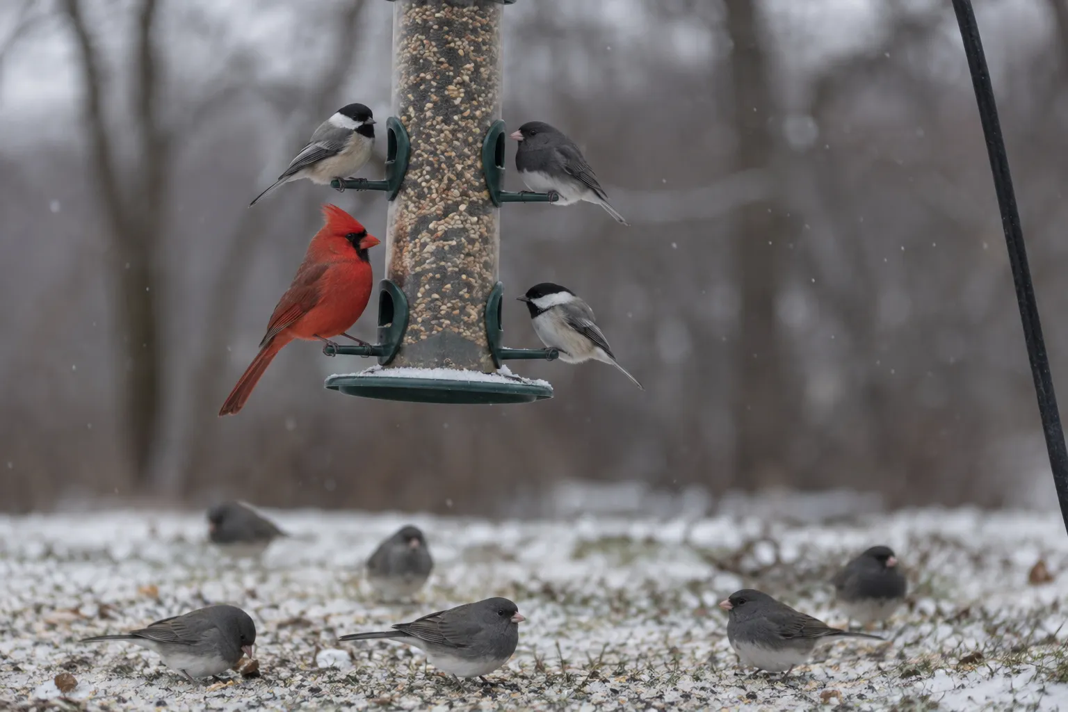 Several songbirds crowding a backyard feeder under dark gray snow clouds (AI illustration)
