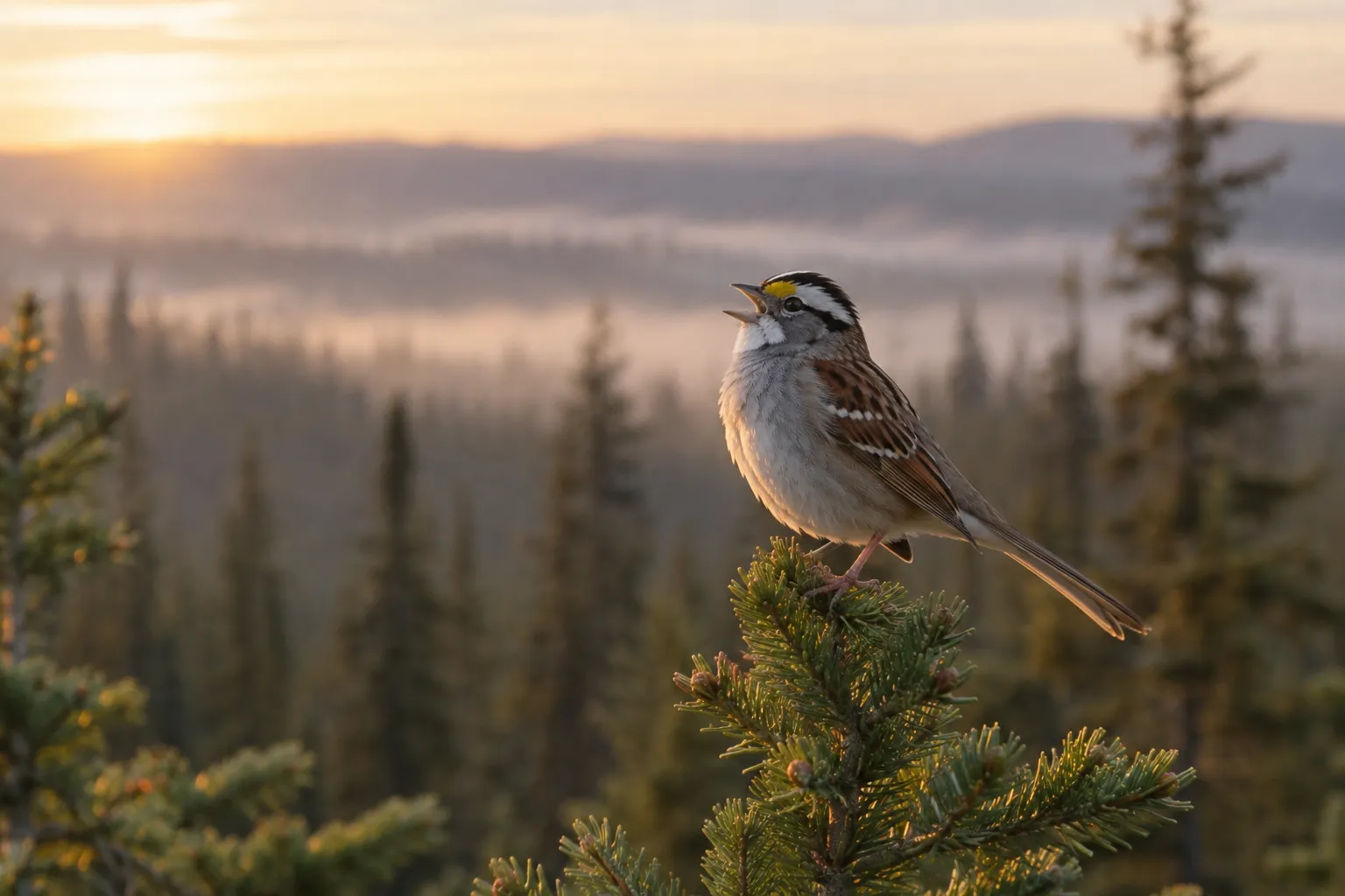 A White-throated Sparrow singing from a spruce branch in a northern forest at dawn (AI illustration)