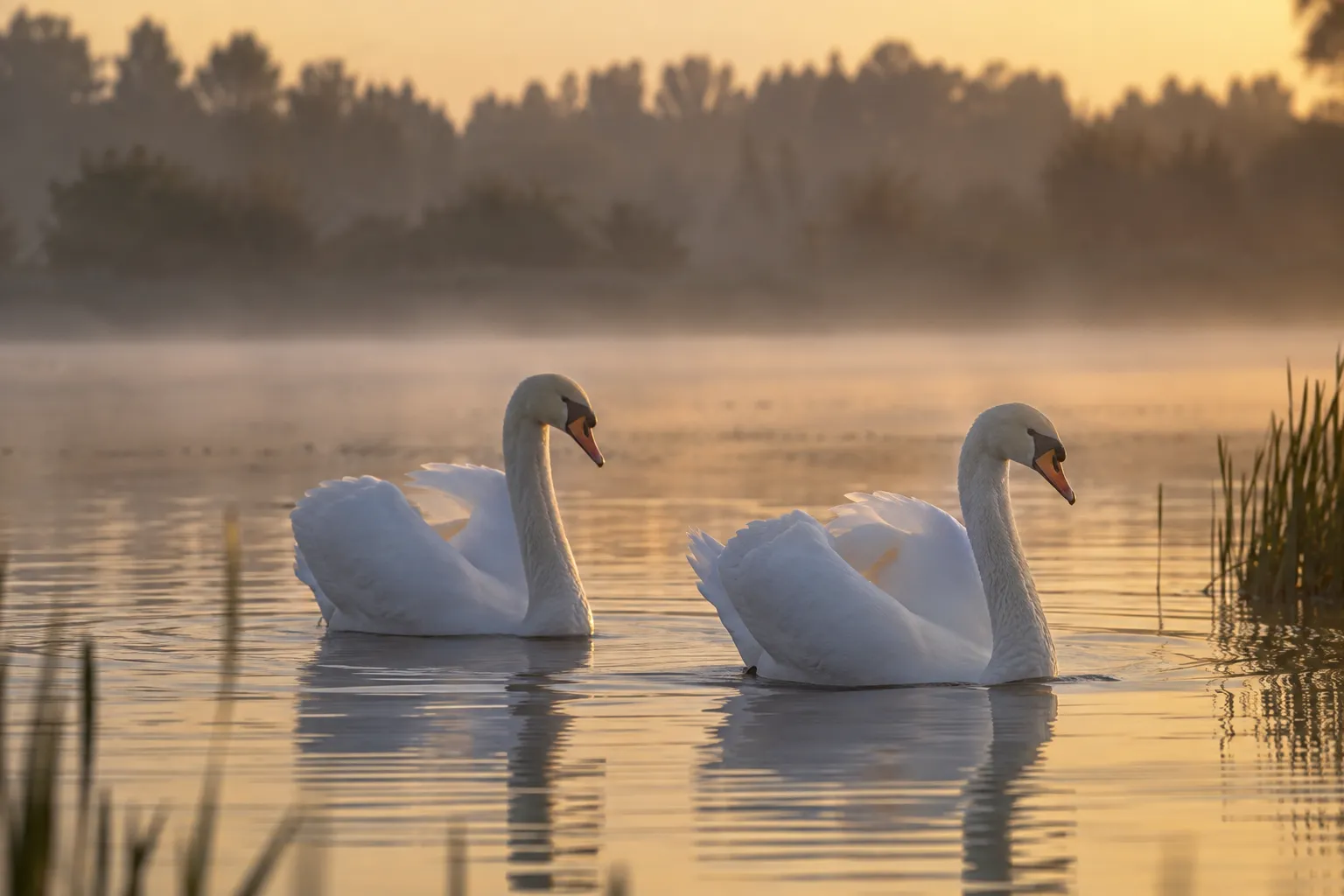 A pair of swans gliding side by side on a calm lake at dawn (AI illustration)