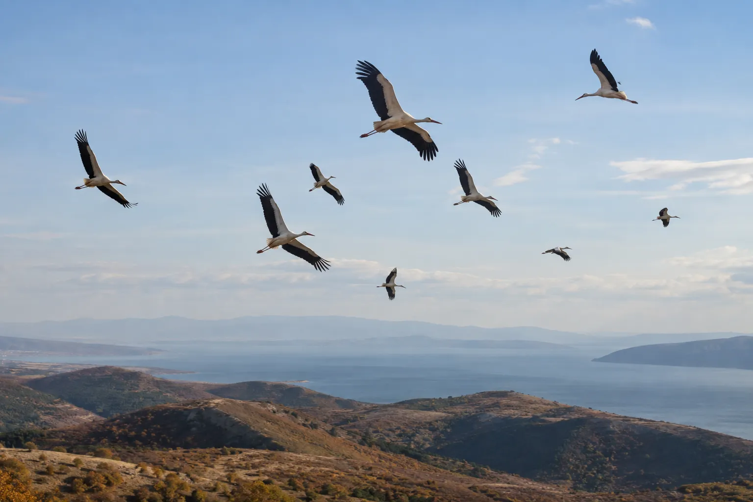 A flock of White Storks soaring high on a thermal over hills during autumn migration (AI illustration)