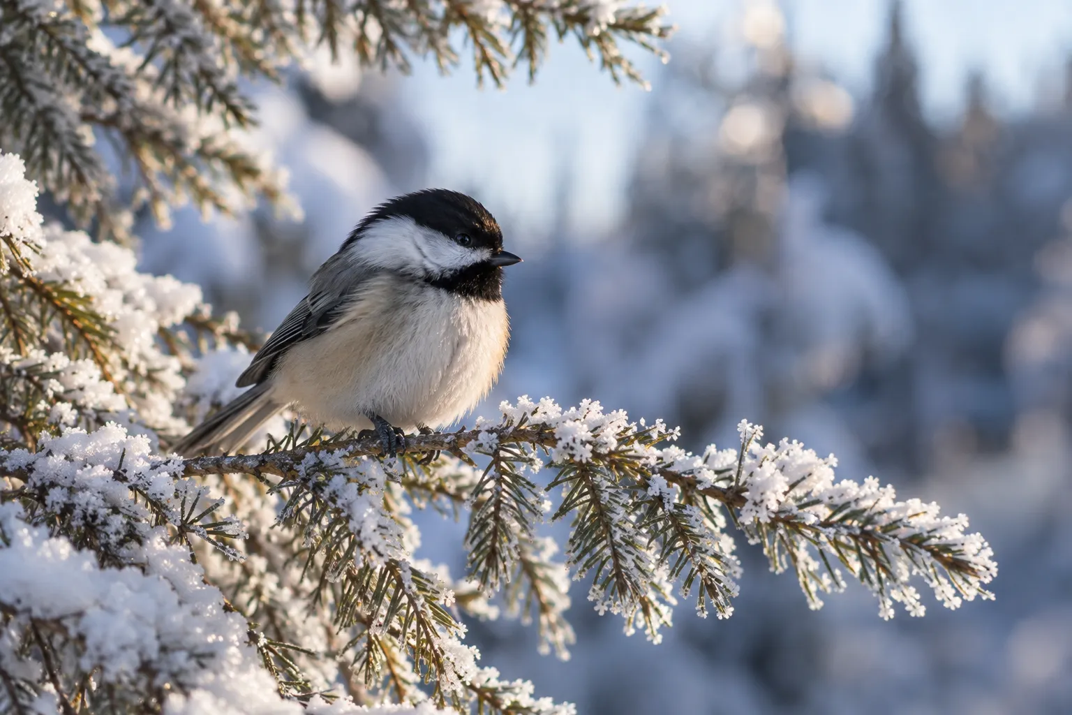 A fluffed-up chickadee perched on a snowy spruce branch on a cold, bright winter morning (AI illustration)