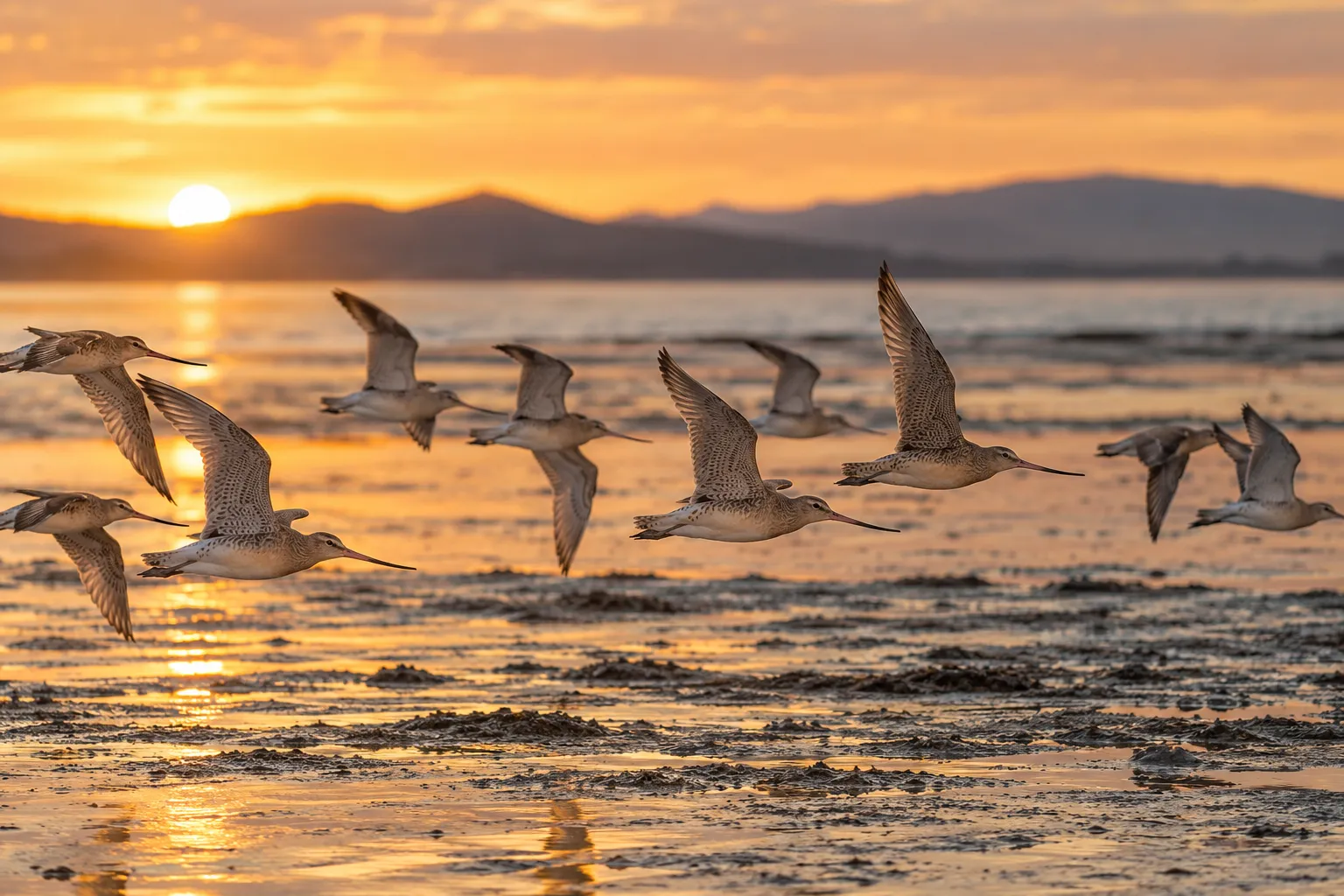 A loose flock of shorebirds flying low over a tidal mudflat at sunrise (AI illustration)