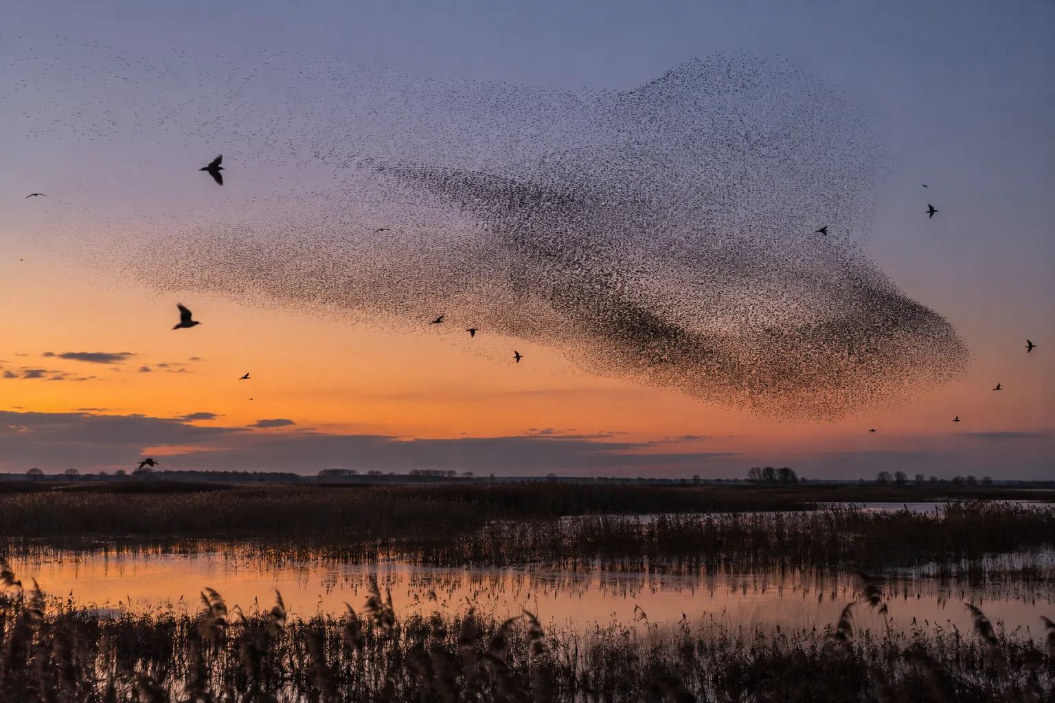 A huge flock of starlings swirling over a reed bed at dusk against an orange sky (AI illustration)
