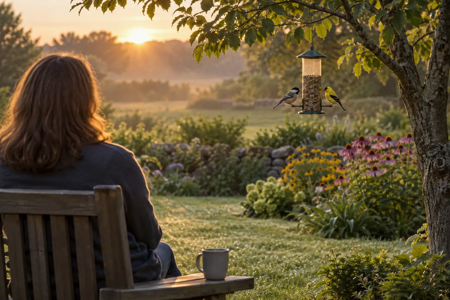 An adult seen from behind sitting on a garden bench at sunrise, watching small birds at a feeder among shrubs (AI illustration)