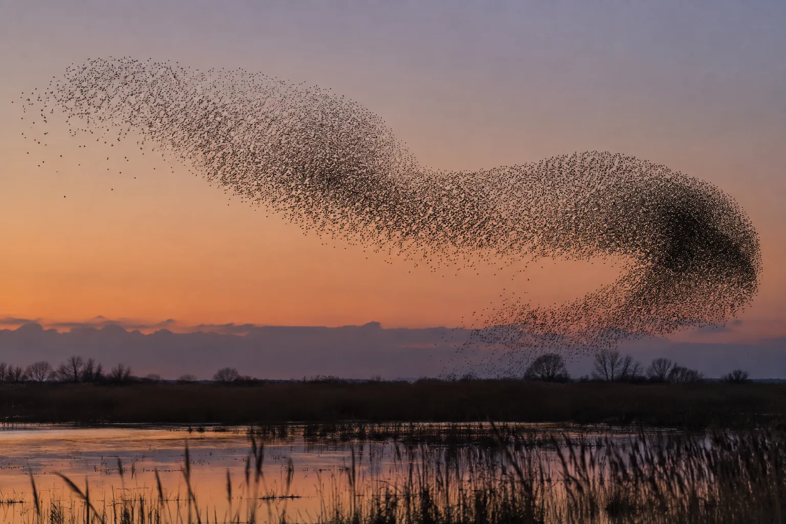 A vast flock of starlings forming a swirling dark cloud over a reed marsh at sunset (AI illustration)