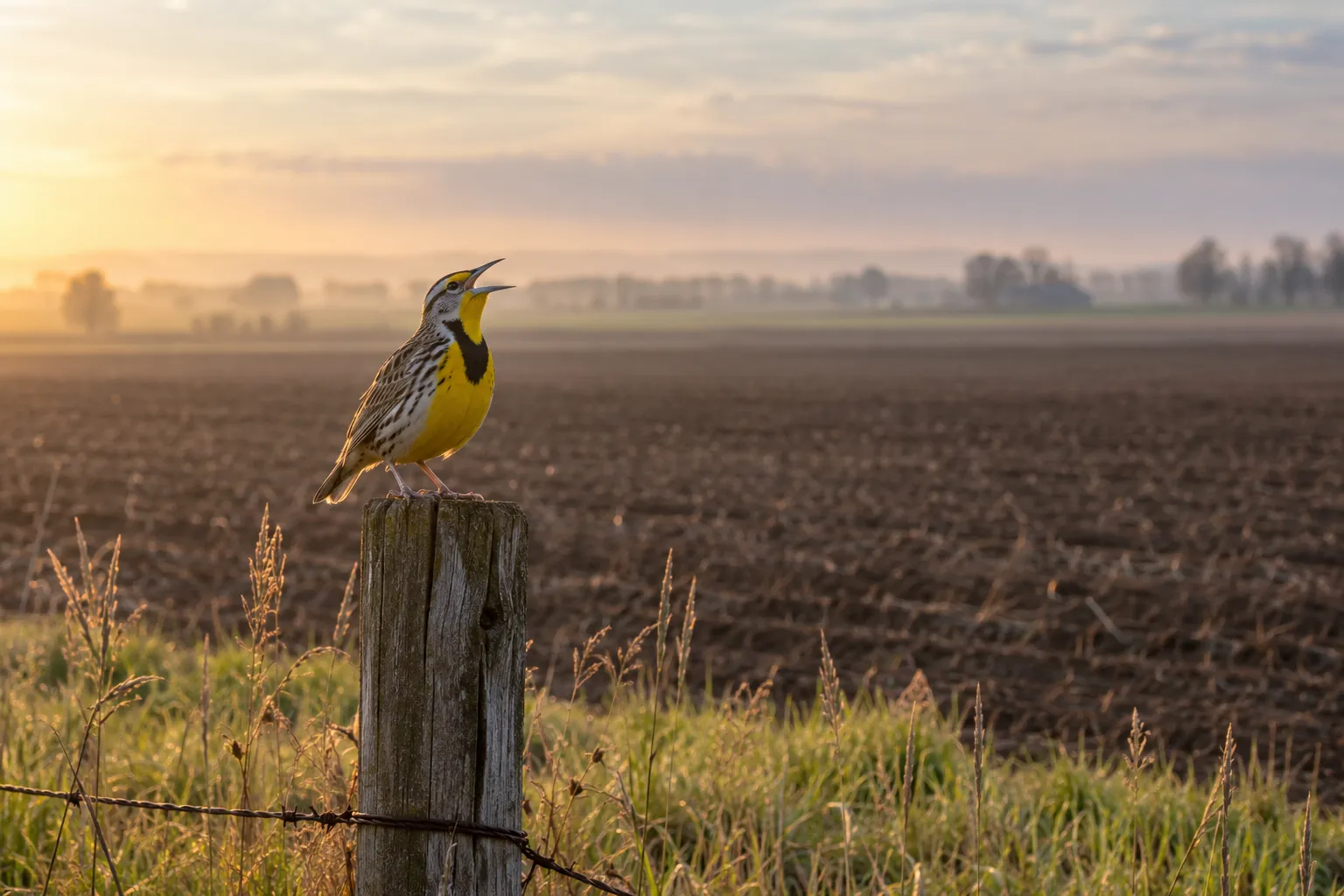 A lone meadowlark singing from a fence post at the edge of a vast plowed field with a narrow strip of grassland beside it (AI illustration)