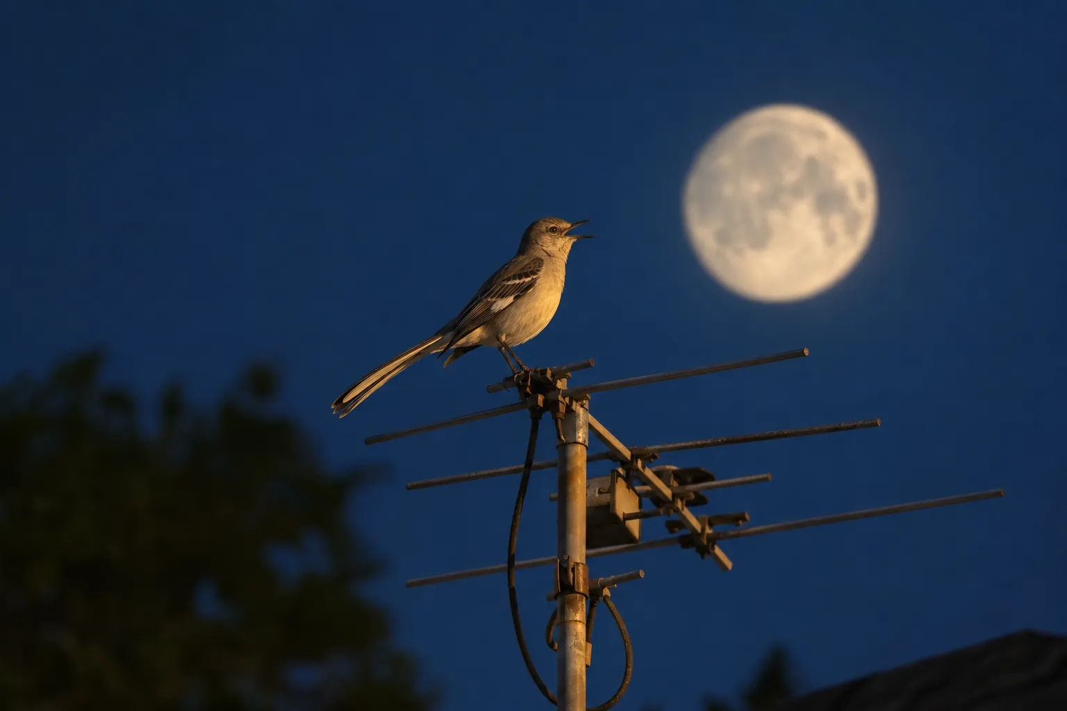 A mockingbird singing from the top of a TV antenna under a streetlight at night (AI illustration)