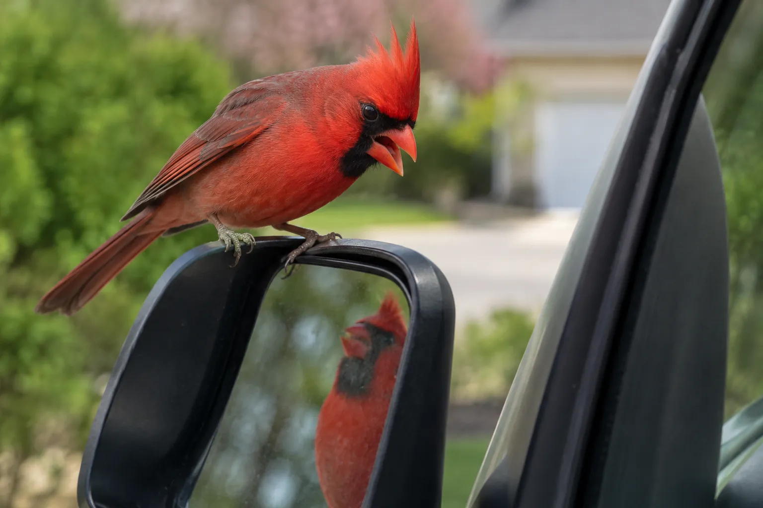 A male Northern Cardinal perched on a car side mirror, staring at its own reflection (AI illustration)