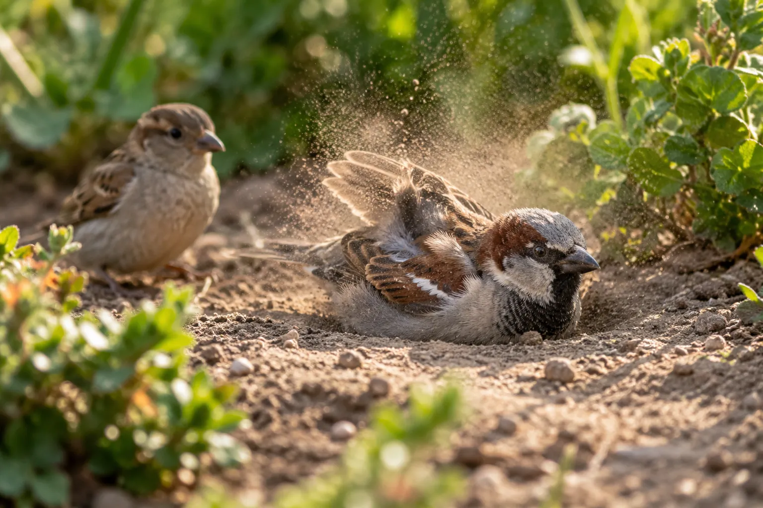 A sparrow fluttering in a shallow hollow of dry soil, throwing up a small cloud of dust in sunlight (AI illustration)