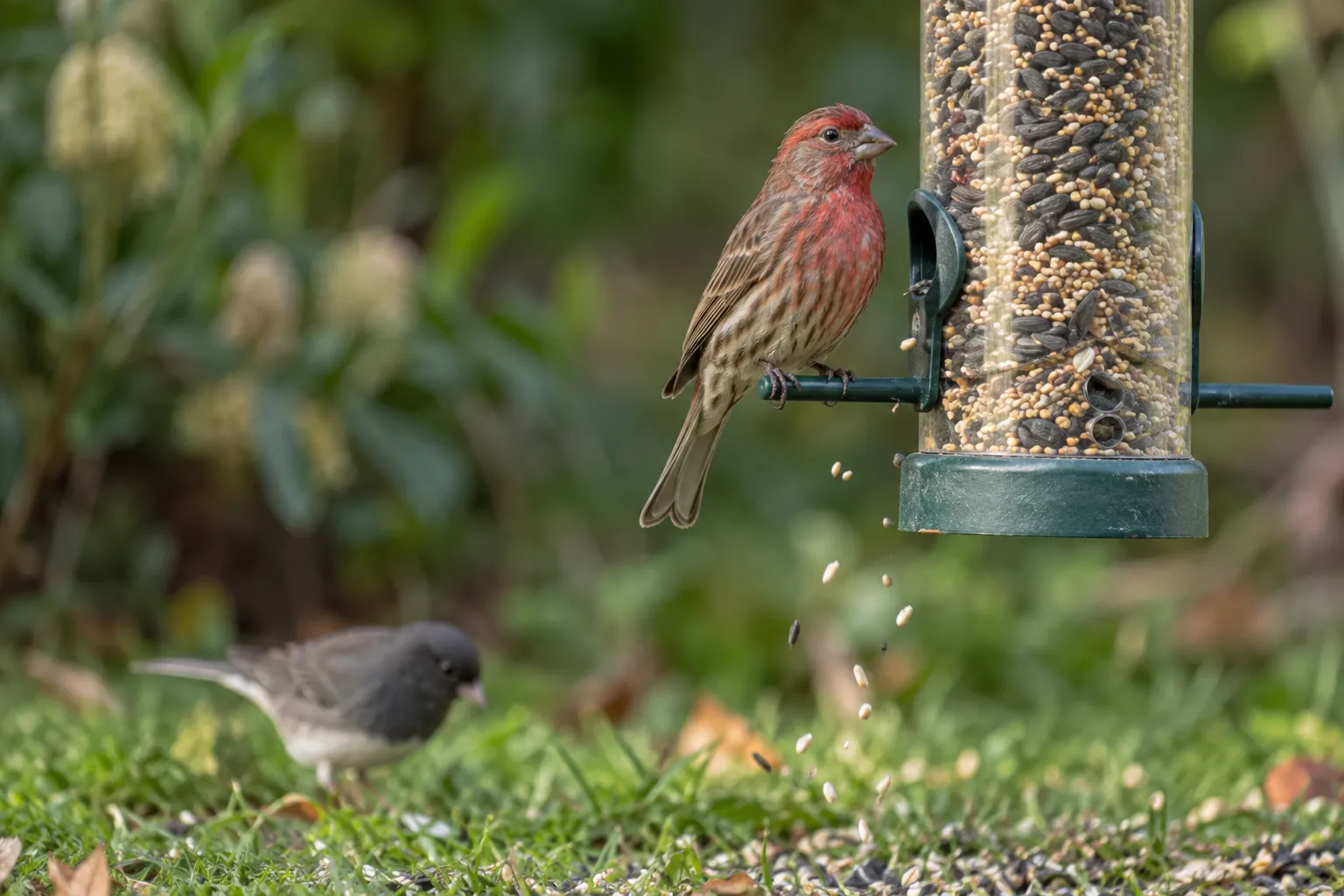 A small finch at a tube feeder flicking seed while other seeds fall toward the ground below (AI illustration)