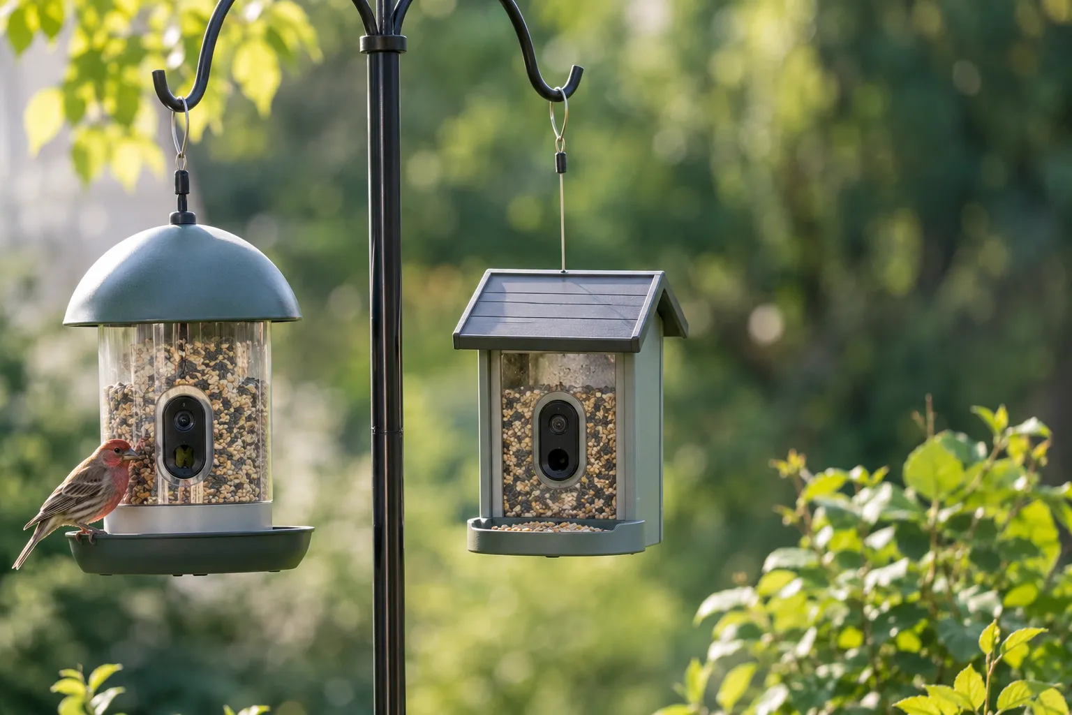 Two different smart bird feeders with cameras hanging side by side in a garden with a finch on one perch (AI illustration)