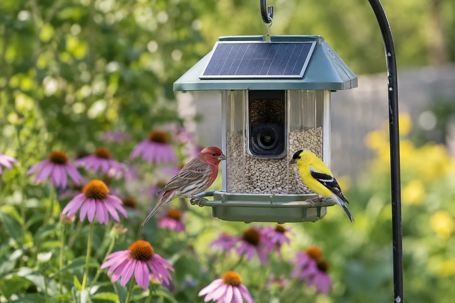 Camera bird feeder hanging in a garden with a House Finch and an American Goldfinch eating seed (AI illustration)