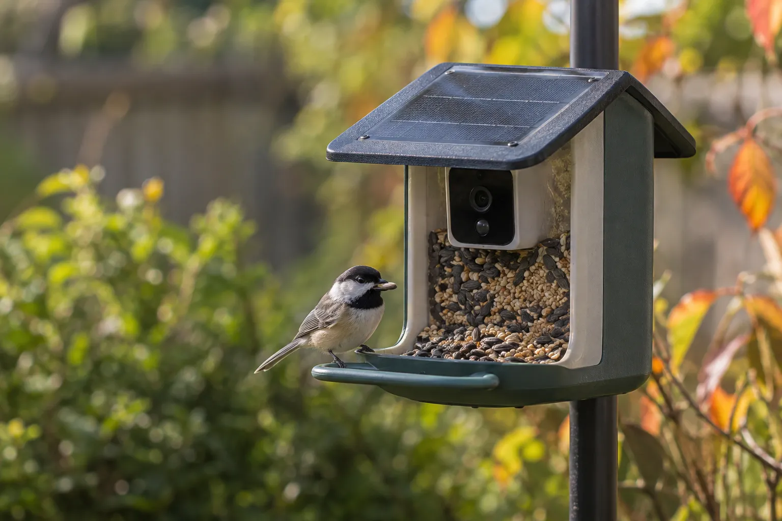 Smart camera bird feeder on a pole in a backyard with a Black-capped Chickadee perched in front of the lens (AI illustration)