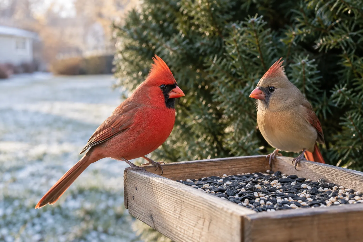 Male and female Northern Cardinals eating sunflower seed on a wooden platform feeder beside a dense shrub (AI illustration)